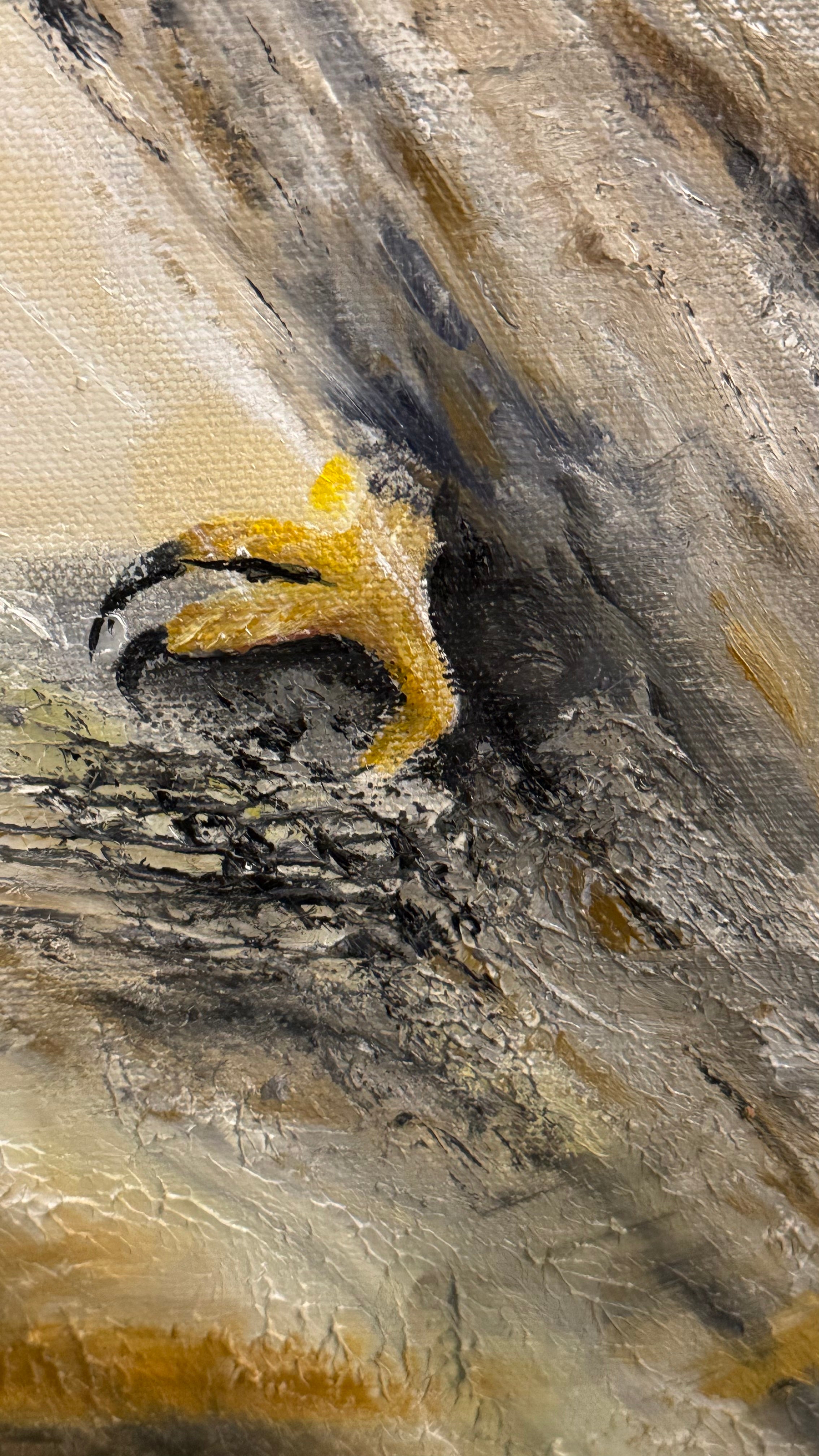 Close-up detail of a contemporary textured painting featuring an eagle-like claw emerging through erosion, layered earth tones, and abstract atmospheric movement.